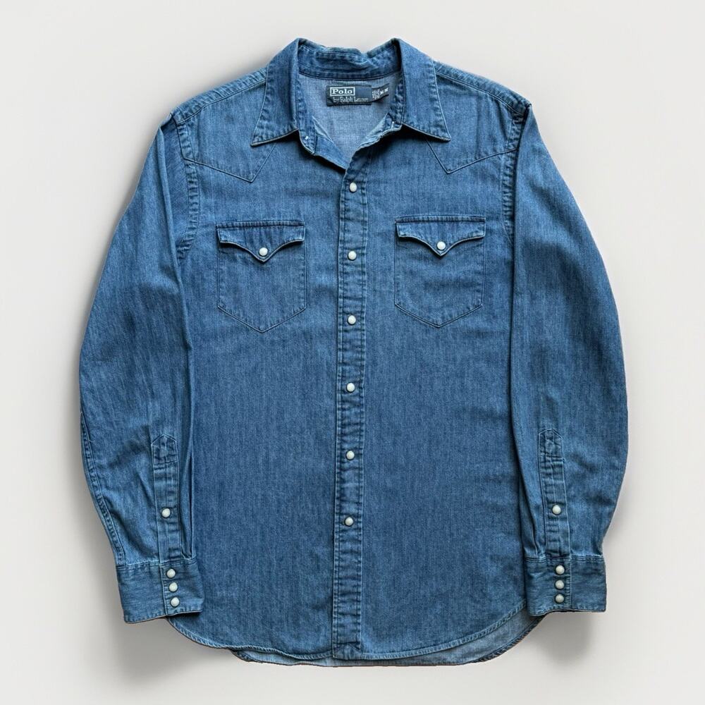 Vintage Polo Ralph Lauren Denim Pearl Snap Shirt Medium Blue Western RRL